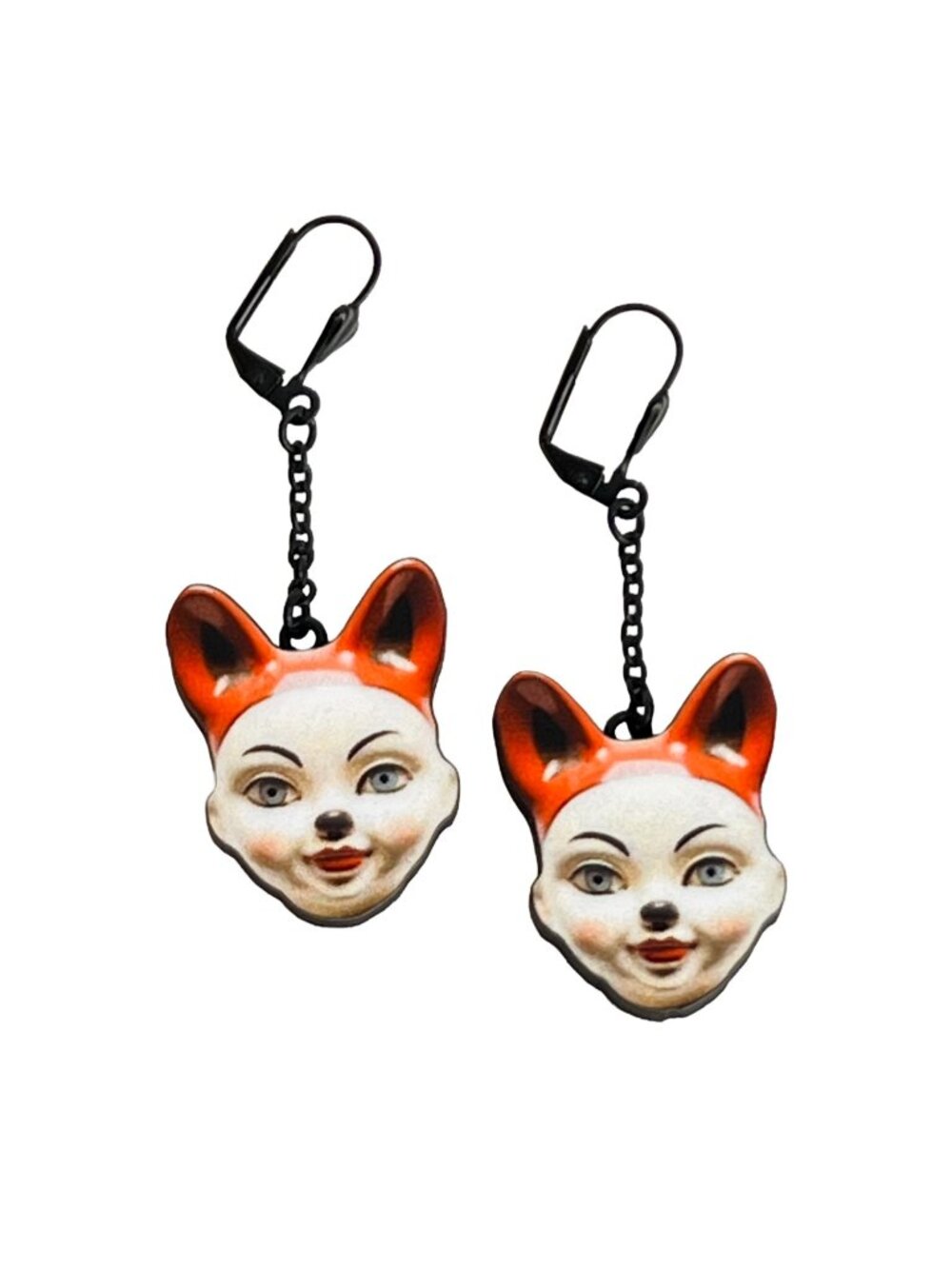 Vintage Style Kitsch Doll Clown Head Fox Ears Wood Drop Earrings Creepy-Cute